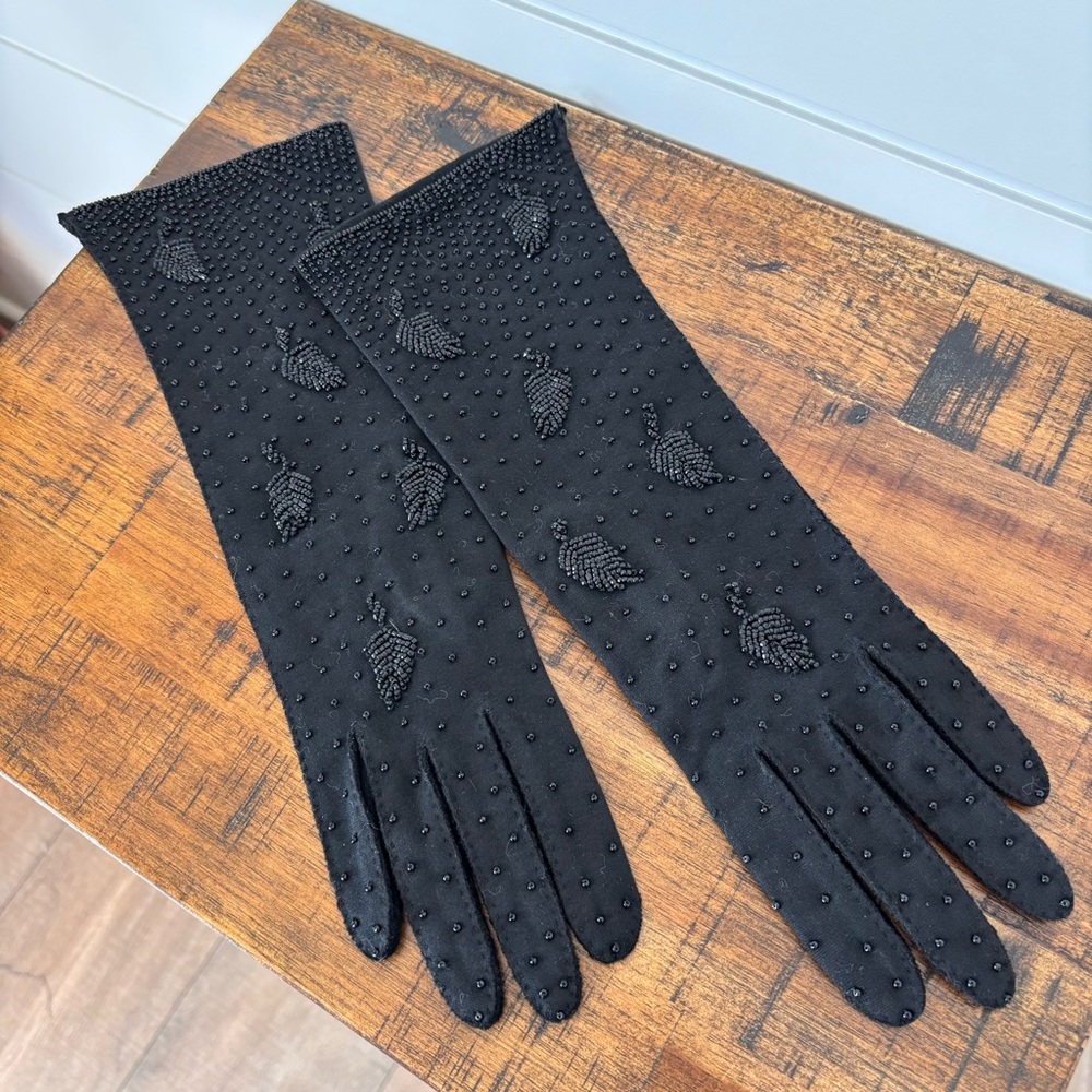 Vintage Black Beaded Cotton Women's Dress Gloves Size 7